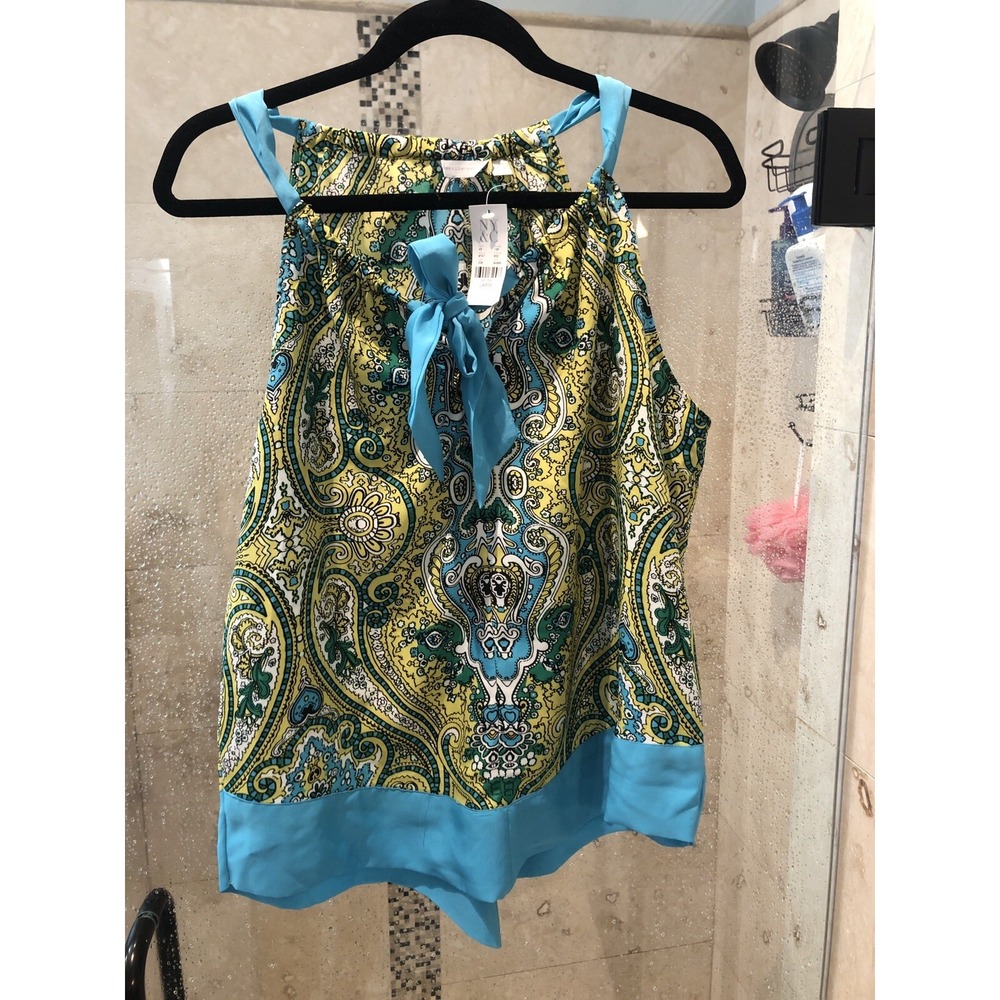 New York and Company Soho Blouse L Yellow Paisley Handkerchief Tunic Blouse NWT